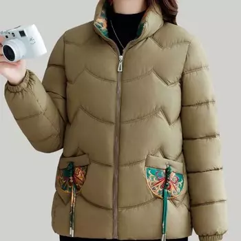 Зимняя женская винтажная вышивка хлопковая куртка с подкладкой короткая с длинным рукавом парки пальто с карманами на молнии ветрозащитная верхняя одежда XL хаки