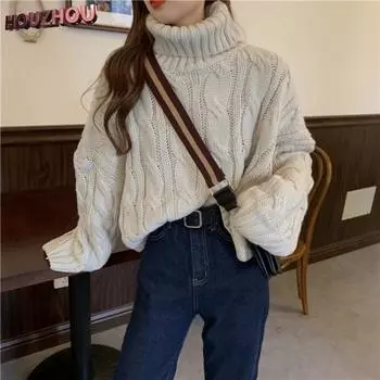 Зимняя женская водолазка, белый свитер с длинным рукавом, толстые теплые топы, кавайный ретро-вязаный корейский стиль M белый