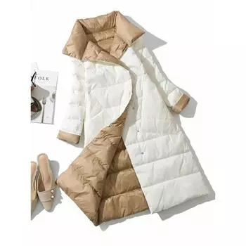 Зимняя женская водолазка с белым утиным пухом, двубортная теплая парка, двухсторонняя длинная куртка-пуховик S темно-синий