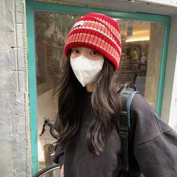 Зимняя женская вязаная крючком шерстяная полосатая шапка-ведро 56-58cm циан