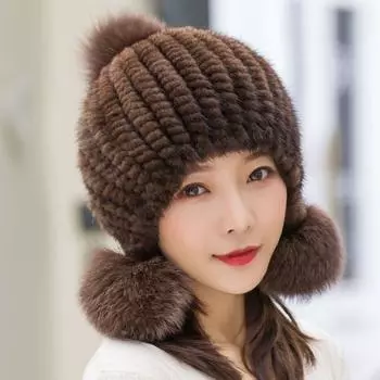 Зимняя женская вязаная меховая теплая шапка с ушками The Spiral Beanies Cap с меховым помпоном на макушке One Size грязно-белый