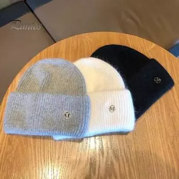 Зимняя женская вязаная шапка с эластичными складчатыми полями, утолщенная, однотонная, защита ушей, теплая, повседневная, для катания на лыжах, коньках, головной убор чёрный