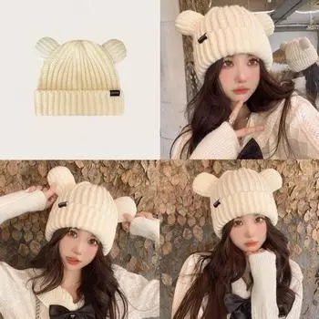 Зимняя женская вязаная шапка с изображением маленького медвежонка, милая плюшевая шапка для защиты ушей бежевый
