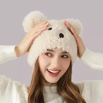 Зимняя женская вязаная шапка с медвежьим мехом, плюшевая шапка с защитой ушей, теплая шапка с рукавами, шапки с черепами чёрный