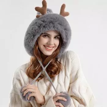 зимняя женская вязаная шерстяная плюшевая защитная шапка из оленьего рога, утолщенная теплая шапка с тремя шариками для волос, рождественские подарки One Size розовый