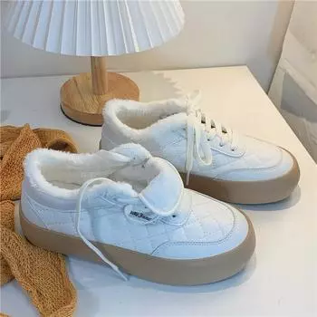 Зимняя женская вулканизированная обувь, плюшевые теплые парусиновые кроссовки с решеткой, женские дизайнерские брендовые повседневные белые туфли на плоской платформе, скейтборд 35 белый