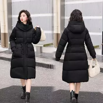 Зимой носят одежду на пуху выше колена, новую свободную одежду на хлопке с капюшоном, длинные куртки на хлопке, утепленные пальто, женские M чёрный