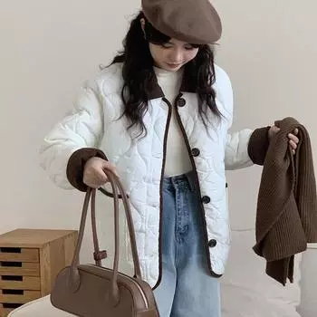 Зимой новая стеганая хлопковая куртка в ромбовидную клетку, женская хлопковая куртка с контрастными лацканами, имеет повседневный темперамент хлопковой куртки. S чёрный