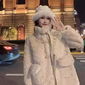 Зимой новое пальто из овечьей шерсти для женщин, которое уменьшает возраст и сохраняет тепло, утолщенный искусственный мех кролика средней длины S абрикосовый