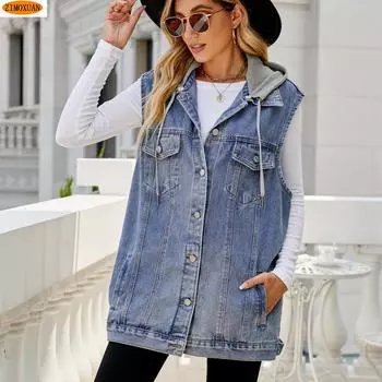 ZIMOXUAN модная женская повседневная куртка без рукавов джинсовый жилет ретро ковбойский жилет S серый/чёрный