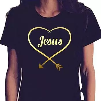 ZIMOXUAN Рубашка веры «Иисус» с сердечным принтом, хлопковая футболка с круглым вырезом и короткими рукавами, христианская футболка S чёрный