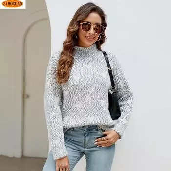 ZIMOXUAN женский повседневный свитер с принтом в виде сердца, полуводолазкой и свободными длинными рукавами на осень-зиму S синий