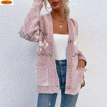ZIMOXUAN Женский вязаный кардиган с длинными рукавами и карманами со снежинками S серый