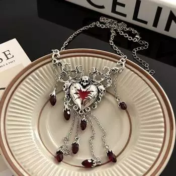 Zinc Zinc Alloy Love Heart Fringe Necklace Punk Rhinestone Clavicle Chain Ins Clavicle Chain Lady/Girls красный/серебряный