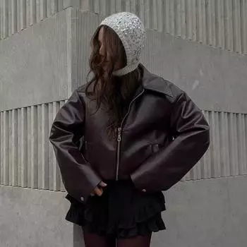 Кожаная куртка на молнии, женская модная кожаная куртка, женская повседневная винтажная куртка с лацканами и длинным рукавом L чёрный
