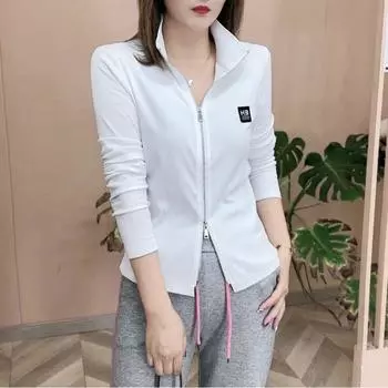 Zipped Stand Collar Slim-Fit Crop-Top Long-Sleeve T-shirt White XL(50.00 kg-55.00 kg)