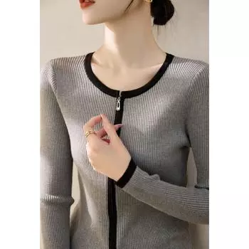 Zipper Design round Neck Multicolor Cardigan Knitted Coat Grey [fabric upgrade]] S