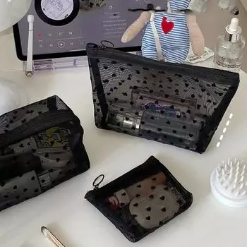 Zipper Love Heart Mesh Makeup Bag Large Capacity Transparent Cosmetic Bag Cute Lady A