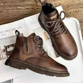 Zipper Martin boots men s boots high-top new British retro tooling men s shoes trendy casual short boots brown leather shoes 39 хаки