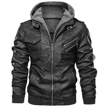 Zipper pocket straight hem winter casual hooded zipper blue and black stand-up collar leather jacket S