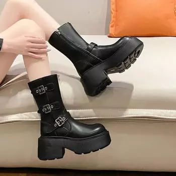 Zipper Women s Boots High Heels Anti-slip Square Heel Platform Shoes Buckle Round Head Winter Boots Outdoor Leisure Black Brown 34 чёрный