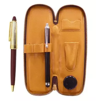 Zippered Compact Pen Case with Touch Pen and Neo Horikin Retro Ballpoint Pen 2-Pack D-800 Set, Red, T23-S708-800B-R-2