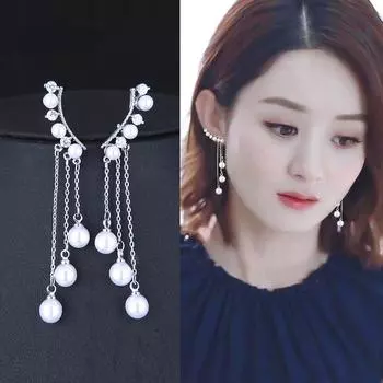Zircon Earrings Long Pearl Chain Tassel Dangle Earrings Fashion Elegant Women Weeding Party Jewelry Gift Accessories 1Pair