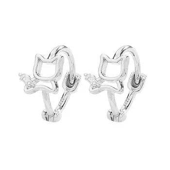 Zircon Hollow Kitten Ear Buckle Soft Cute Girl Heart Cute Cute Cat Earrings Exquisite Cat Ear Ring Copper (white gold)