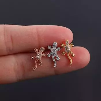Zircon Reptile Lizard 1Pc Helix Screw Back Fashion Accessories Piercing Jewelry Ear Stud Earring серебряный