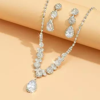 Zircon Rhinestone Necklace Earrings Bracelet Bridal Wedding Dress Accessories Three-piece Set
