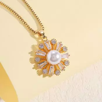 Zircon Sunflower Necklace Women S Light Luxury Simple Versatile Pearl Pendant Set
