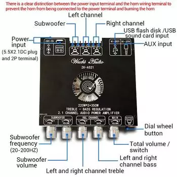 ZK-AS21 2,1-канальный TPA3255 Bluetooth цифровой усилитель мощности модуль платы высокого и низкого тона сабвуфер 220WX2 + 350 Вт