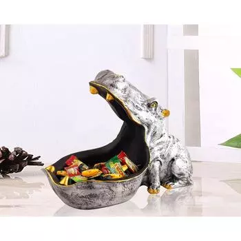 Злой Бегемот с Большим Ртом Выставочный Экспонат для Домашнего Декора | Серебристый Декоративный Предмет в Виде Бегемота