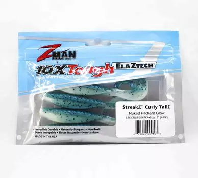 Zman Soft Lure StreakZ Curly TailZ 5 дюймов 4 шт. в упаковке Nuked Pilchard Glow (9603)