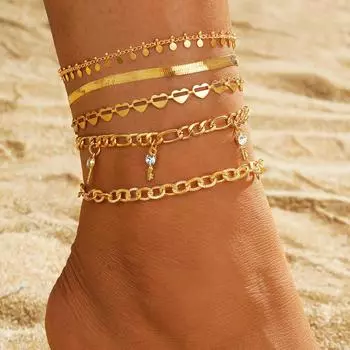 Змеиная Цепочка Любовь Бриллиантовый Ножный Браслет 5 Шт. Золотой Подвеска Из Искусственного Алмаза Любовь Выдалбленная Цепочка С Замком Цепочка Змеиной Кости Браслет Для Девочек Аксессуары Для Ножного Браслета золотой