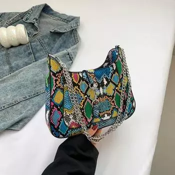 Змеиная кожа. Модная европейская и американская сумка на плечо в стиле ретро с цепочкой. Женская сумка 2024. Новая модная и уникальная сумка через плечо под мышками.