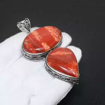 Змеиная яшма Драгоценный камень ручной работы Стерлинговое серебро 925 пробы Ювелирный кулон Двойной камень Антикварный кулон Натуральная змеиная яшма Кулон для подарков 2.95 красный
