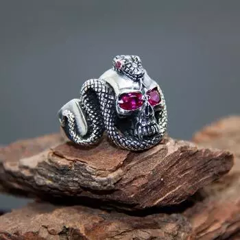 Змеиное кольцо из стерлингового серебра 925 пробы с гранатовыми глазами, кольцо с черепом, кольцо Слизерина, мужские кольца, готические украшения, крутые кольца, кольцо с печаткой, черное кольцо