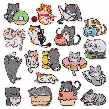 Значки, джинсы, детская одежда, нашивки для одежды, вышивка кота, нашивки с вышивкой кота, аппликации в виде кота 12