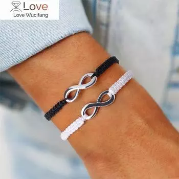 Знак бесконечности ручной работы черный / белый веревочный браслет с оплеткой для женщин и мужчин, подвеска, регулируемая манжета, ювелирные изделия, подарок, бесплатная доставка белый