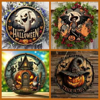 Знак деревянного венка на Хэллоуин, винтажная тыквенная голова ведьмы, ужас, ар-деко, осенний венок, знак для дома, кухни, сада, патио, окна, крыльца 01