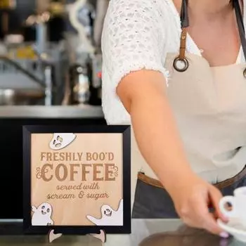 Знак кофе на Хэллоуин Необычный деревянный декор Гладкий край Без заусенцев Деревянный знак Смешной декор кофейного бара на Хэллоуин