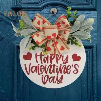 Знак на дверь ко Дню святого Валентина, деревянный знак на дверь с надписью «С Днем святого Валентина», подвесной декоративный знак на входную дверь с венком, бантом в виде сердечек для дома, стены, крыльца красный