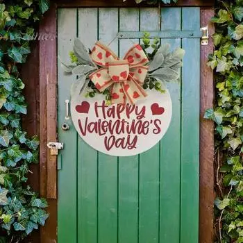 Знак на дверь ко Дню святого Валентина, деревянный знак на дверь с надписью «С Днем святого Валентина», подвесной декоративный знак на входную дверь с венком, бантом в виде сердечек для дома, стены, крыльца красный