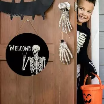 Знак на дверь на Хэллоуин Деревянный череп Подвесные подвески Ретро декор Многоразовые элементы скелета Украшения на Хэллоуин для домашней вечеринки Фестиваль 30*30cm чёрный