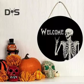Знак на дверь на Хэллоуин Деревянный череп Подвесные подвески Ретро декор Многоразовые элементы скелета Украшения на Хэллоуин для домашней вечеринки Фестиваль 30*30cm чёрный