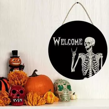 Знак на дверь на Хэллоуин Деревянный череп Подвесные подвески Ретро декор Многоразовые элементы скелета Украшения на Хэллоуин для домашней вечеринки Фестиваль 30*30cm чёрный