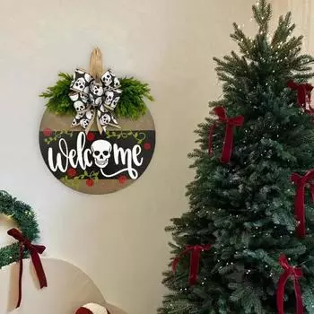 Знак на дверь в виде черепа, приветственный знак на входной двери, деревянный череп, бант из сосны, подвесной декор в деревенском стиле