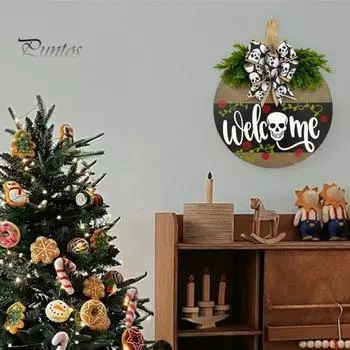 Знак на дверь в виде черепа, приветственный знак на входной двери, деревянный череп, бант из сосны, подвесной декор, деревенский фермерский дом, гостиная, крыльцо, украшение на стену дома Skull