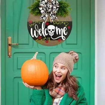 Знак на дверь в виде черепа, приветственный знак на входной двери, деревянный череп, бант из сосны, подвесной декор, деревенский фермерский дом, гостиная, крыльцо, украшение на стену дома Skull